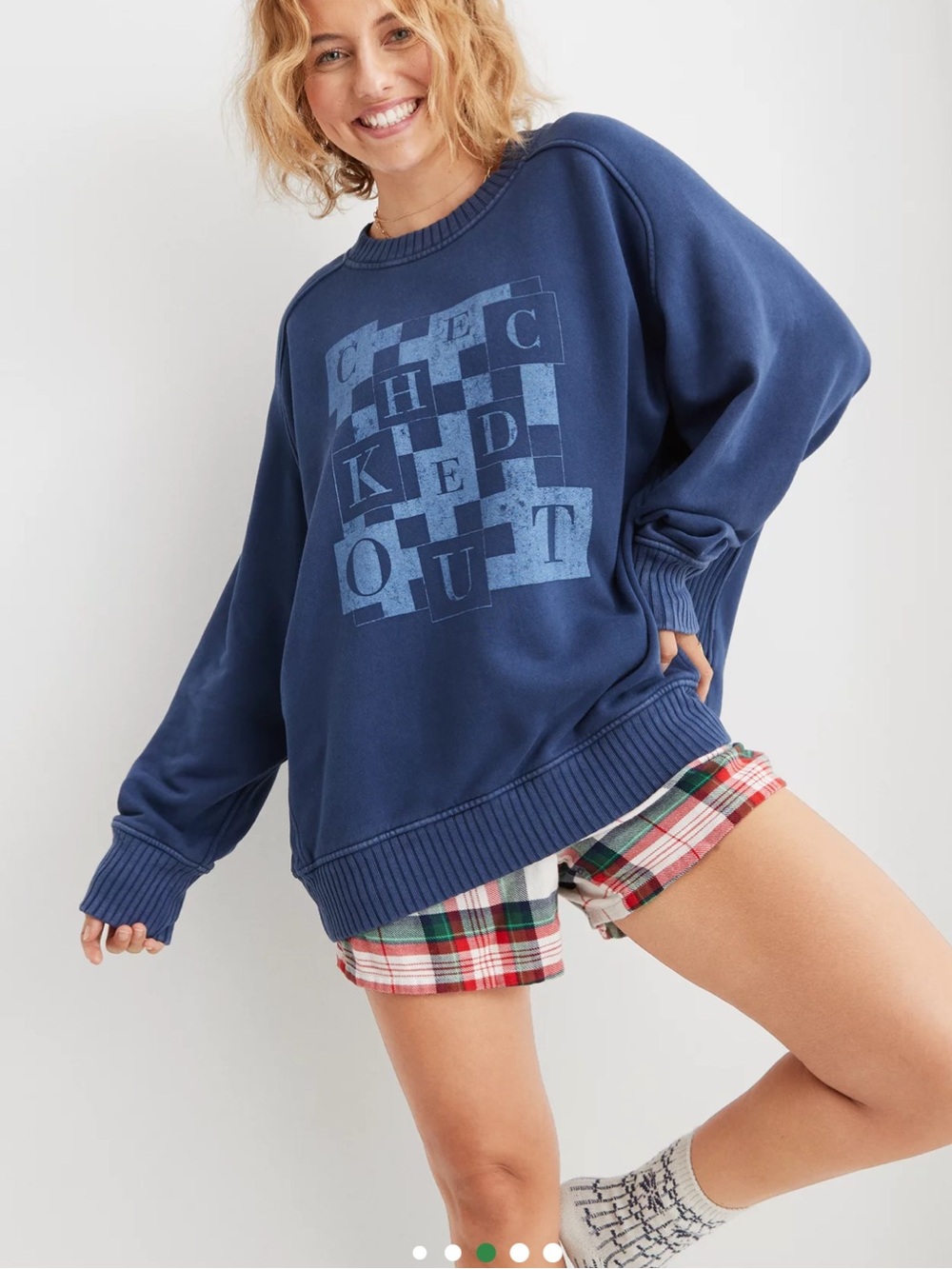 aerie oversized lounge Blue checked out  Crewneck Sweater size medium